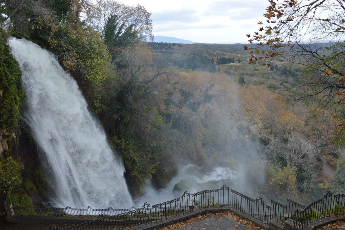 The great waterfall of Edessa falling from the edge of the town over the plain