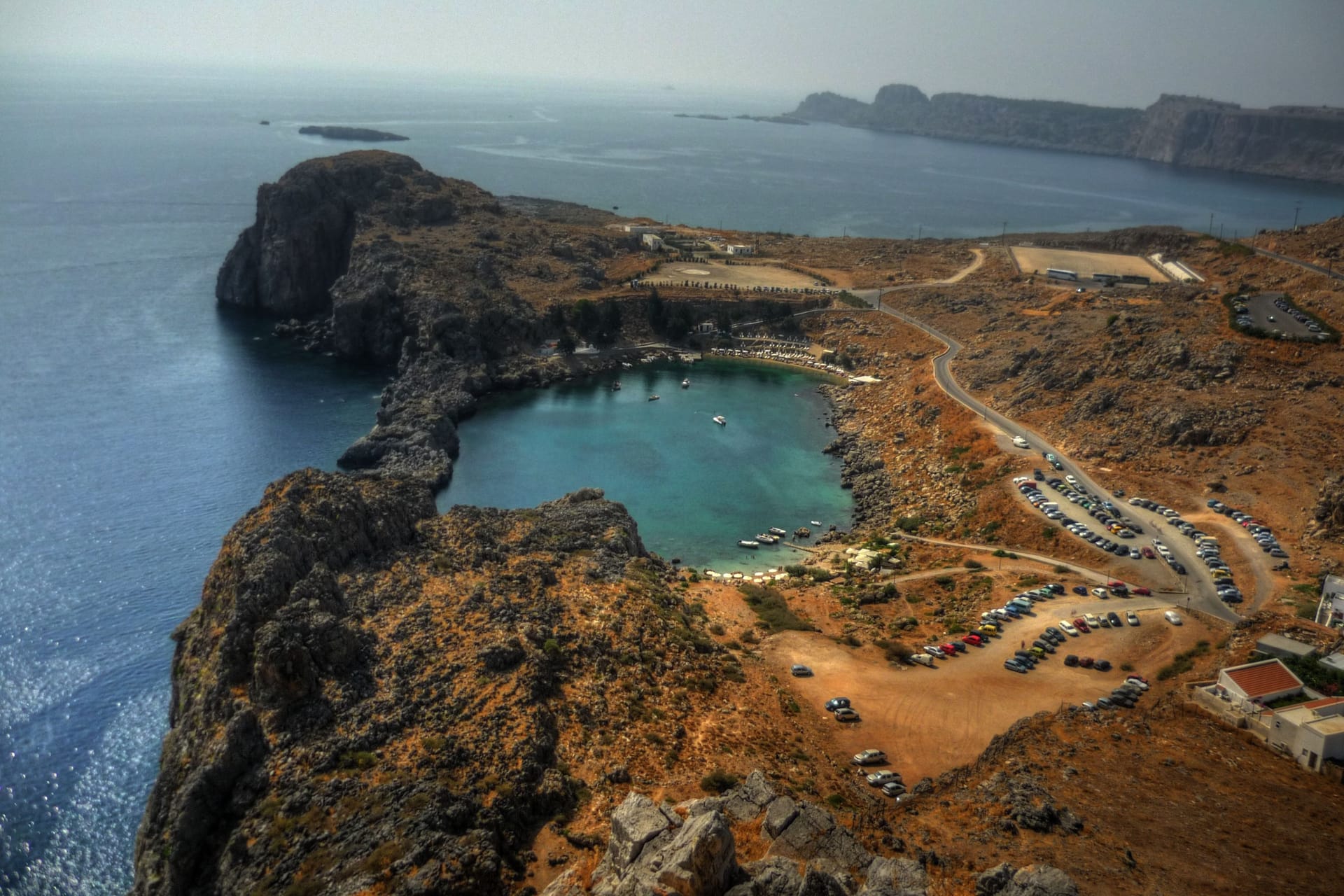 St Paul's Bay seen from the acropolis of Lindos, Rhodes