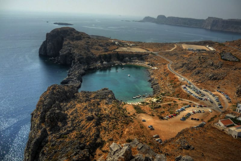 St Paul's Bay seen from the acropolis of Lindos, Rhodes