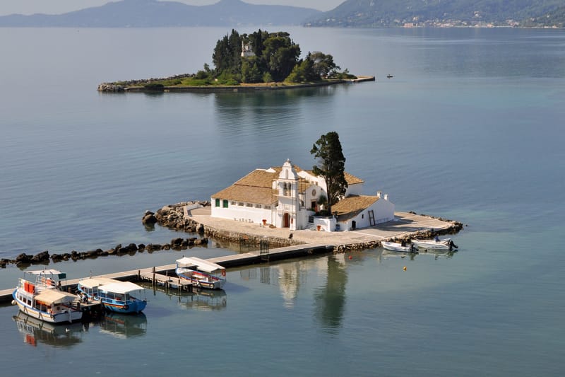 Corfu (Greece): the island and monastery of Vlacherna; beyond it: the island of Pontikonisi
