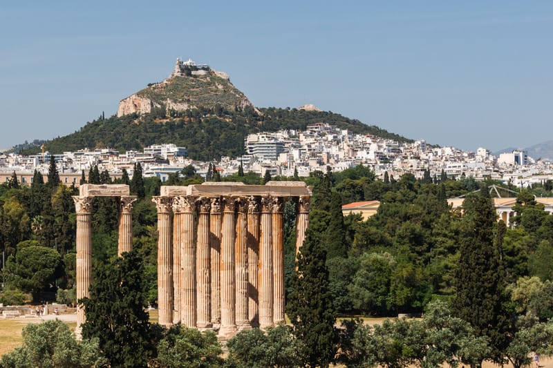 From the Temple of Olympian Zeus to the Lycabettus hill, as seen from the roof terrace of the "Royal Olympic" hotel, Athens, Greece