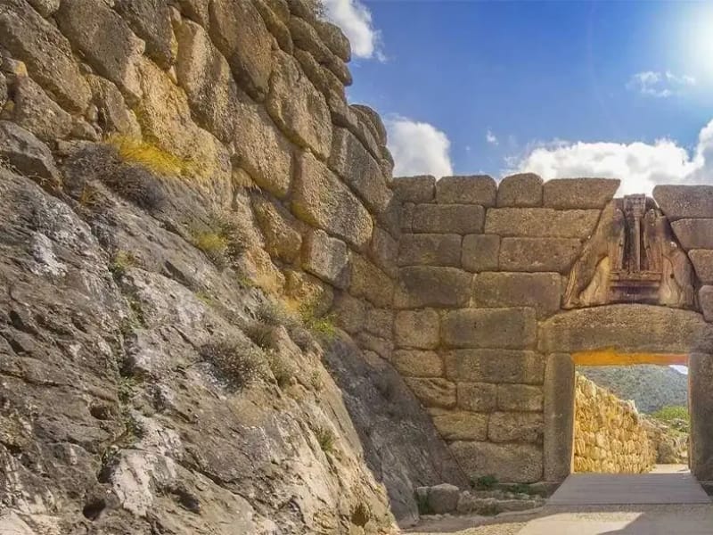 The Lion Gate of Mycenae, seen from the path leading up to it