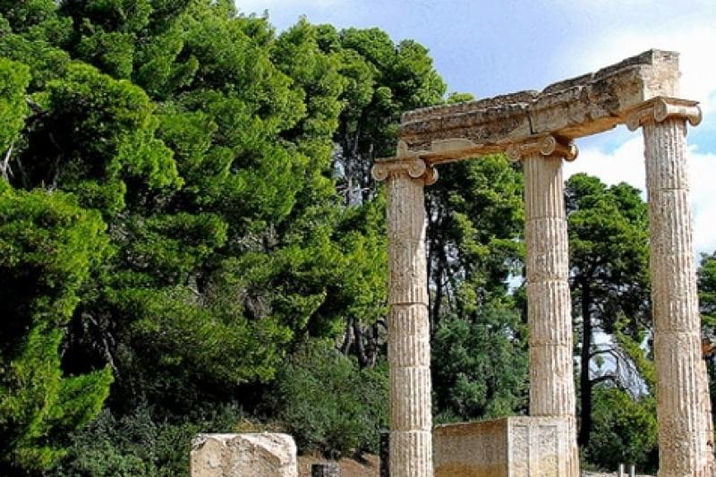 Re-erected columns among the trees at Ancient Olympia