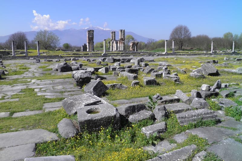 The Roman forum of Philippi with the pillars of Basilica B behind it