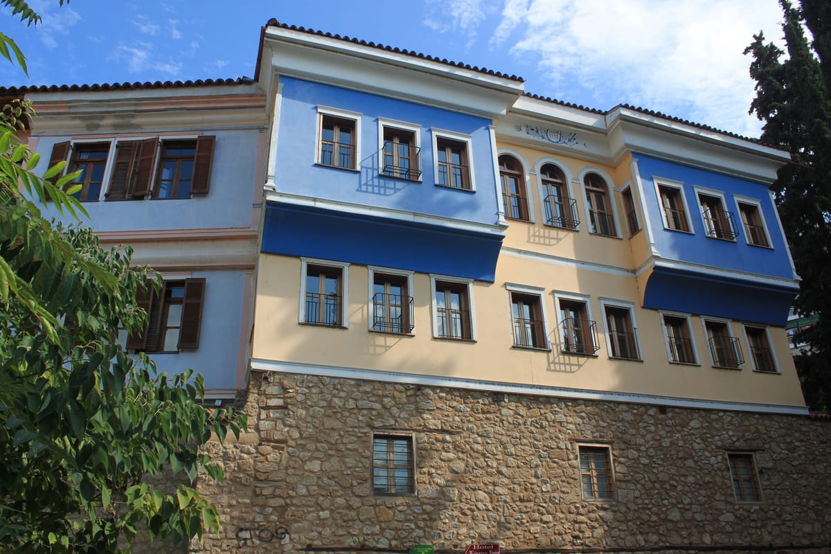 The tall houses of Barbouta, the old Jewish quarter of Veria, along their cobbled lane