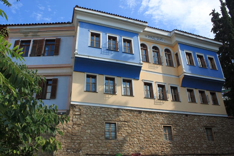 The tall houses of Barbouta, the old Jewish quarter of Veria, along their cobbled lane