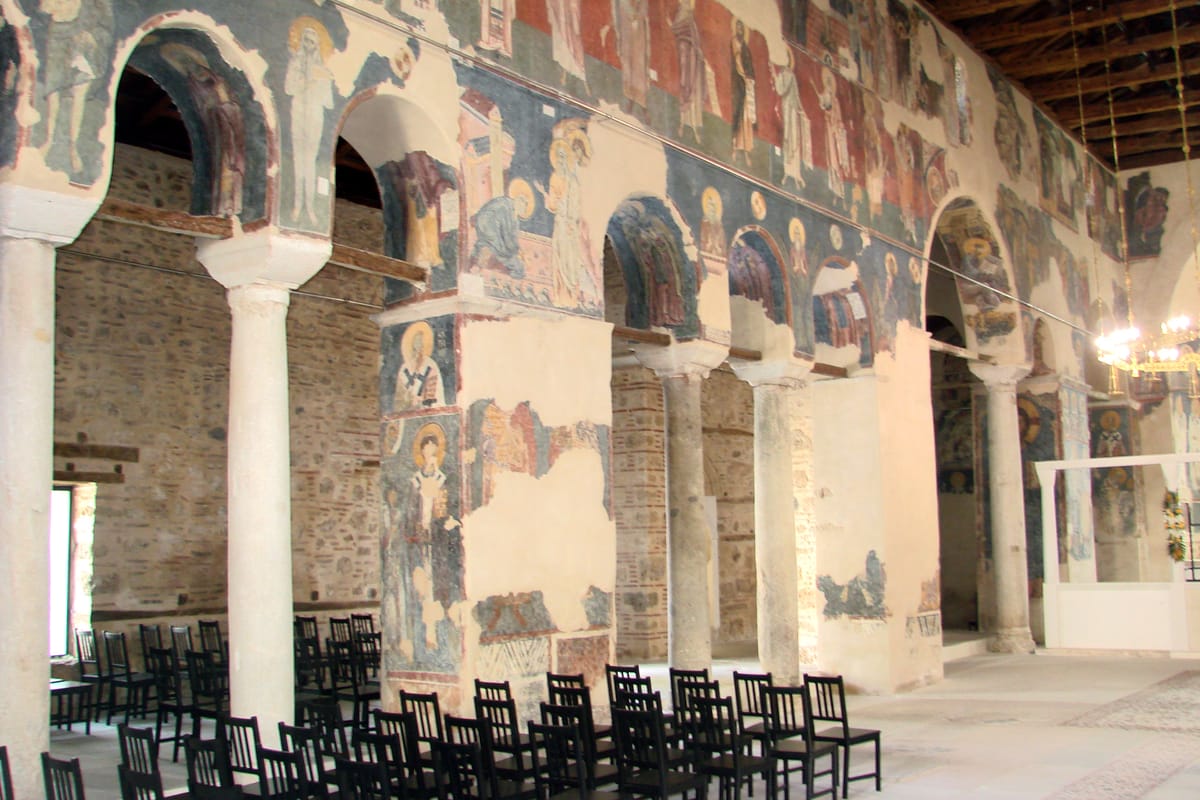 The nave of the Old Metropolis of Veria, the basilica of the 11th century, with its wall paintings above the columns