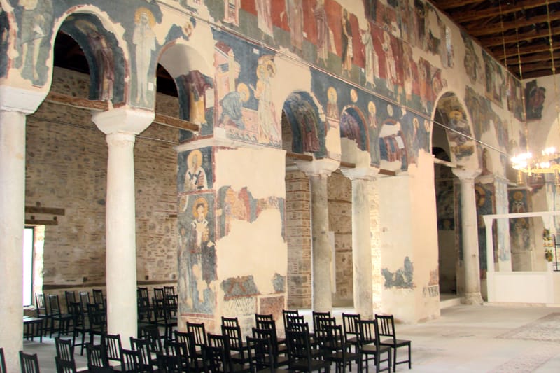 The nave of the Old Metropolis of Veria, the basilica of the 11th century, with its wall paintings above the columns