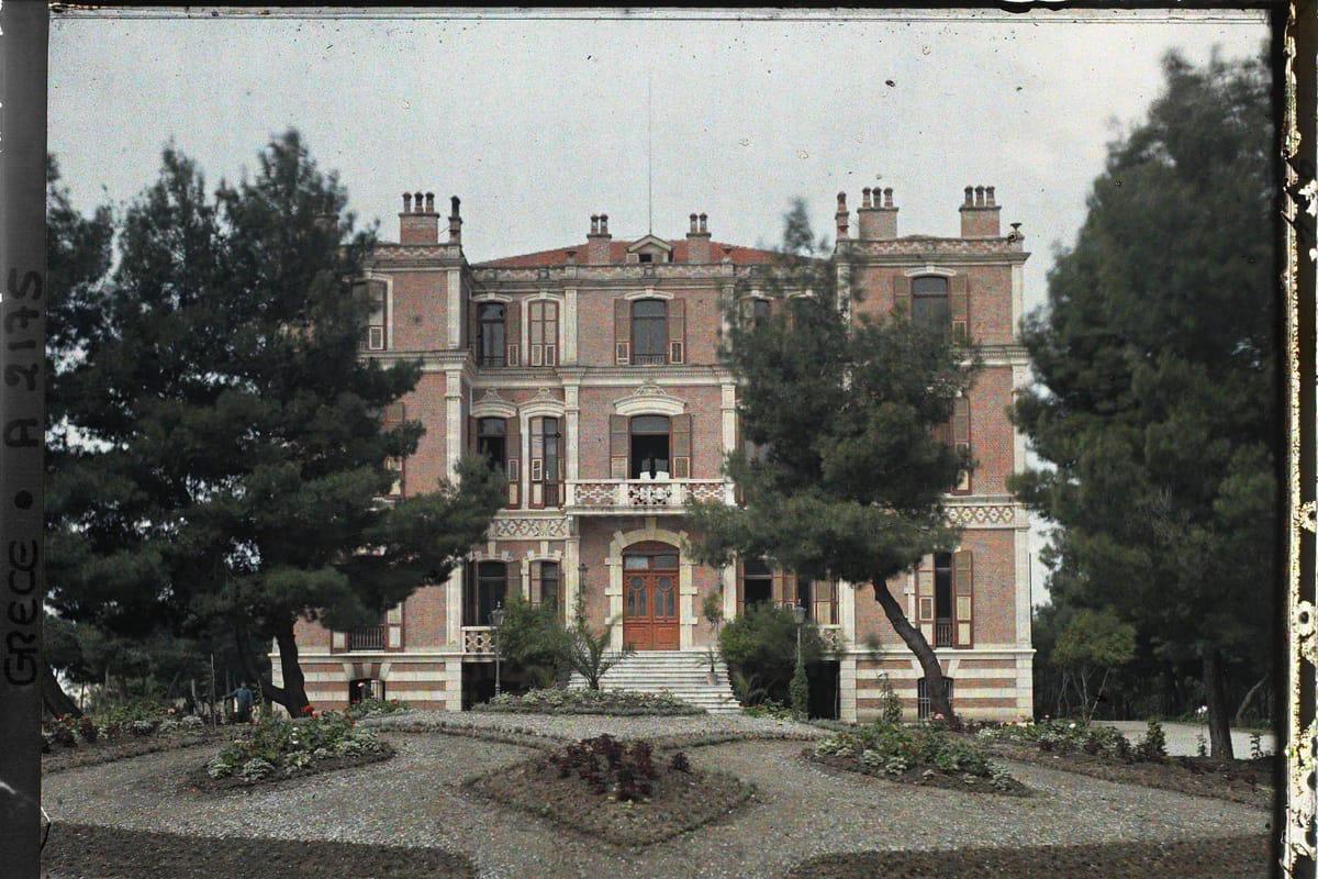 Villa Allatini on Vasilissis Olgas Avenue in May 1913, an autochrome by Auguste Léon for Albert Kahn's Archives de la Planète: the house that had held the deposed Sultan Abdul Hamid II