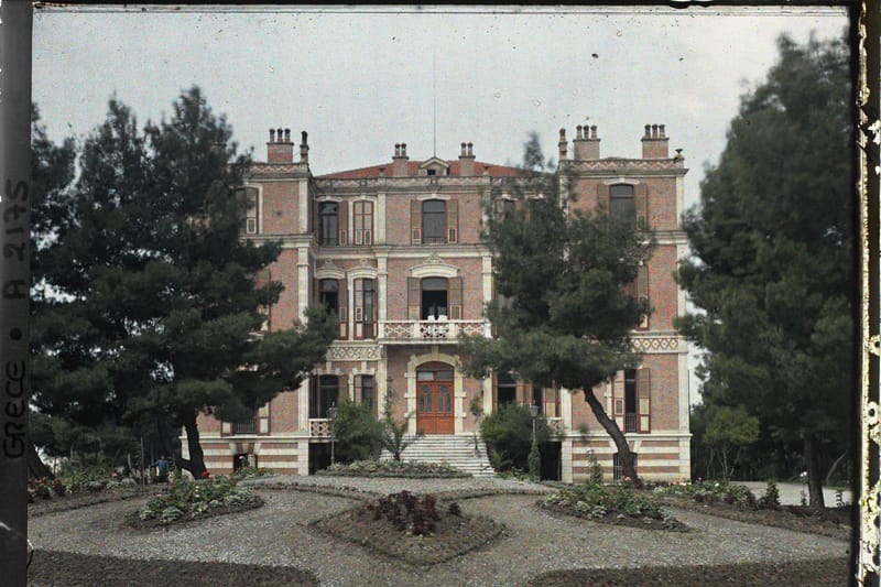Villa Allatini on Vasilissis Olgas Avenue in May 1913, an autochrome by Auguste Léon for Albert Kahn's Archives de la Planète: the house that had held the deposed Sultan Abdul Hamid II